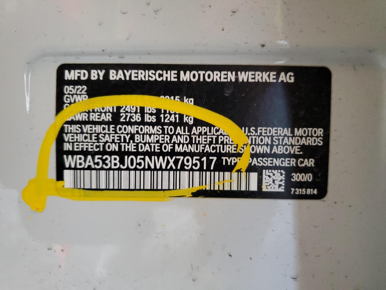 2022 BMW 5er VIN WBA53BJ05NWX79517 Copart auction photo, vandalism / side damage thumbnail 12