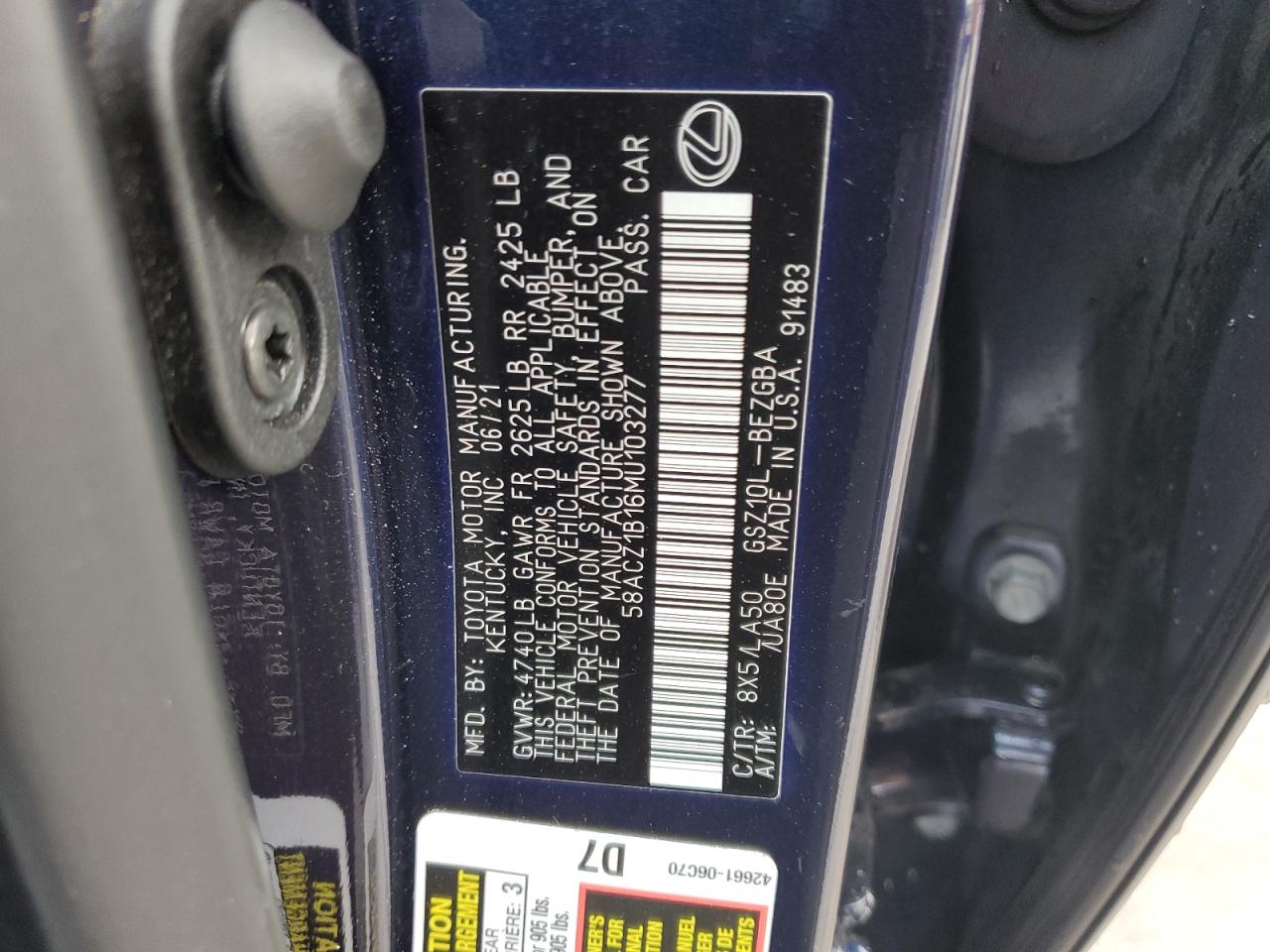 2021 Lexus ES VIN 58ACZ1B16MU103277 Copart auction photo, front end / minor dent/scratches damage thumbnail 13