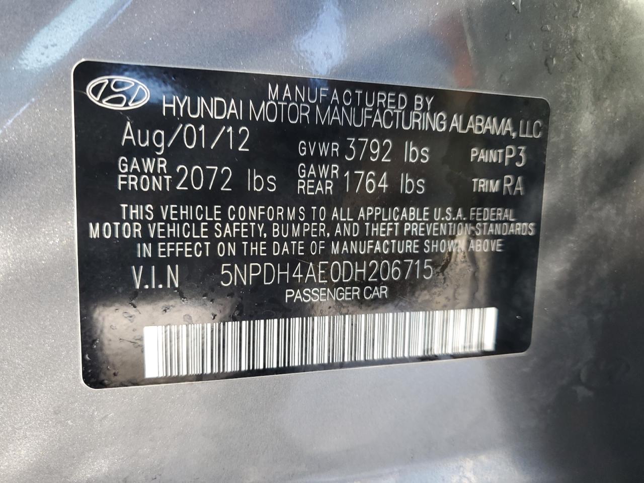 2013 Hyundai Elantra VIN 5NPDH4AE0DH206715 Copart auction photo, vandalism / side damage thumbnail 12
