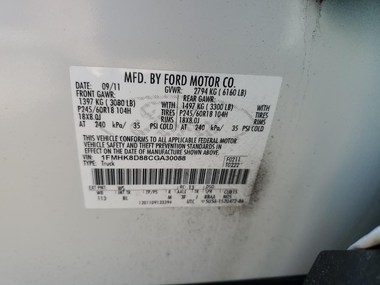 2012 Ford Explorer VIN 1FMHK8D88CGA30088 Copart auction photo, front end / minor dent/scratches damage thumbnail 13
