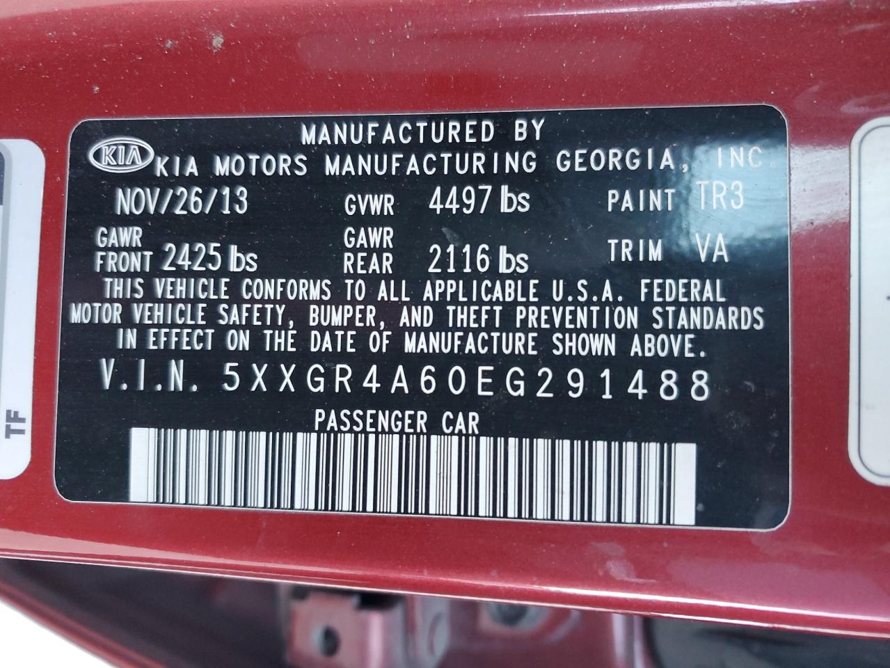 2014 KIA Optima VIN 5XXGR4A60EG291488 Copart auction photo, burn damage thumbnail 12