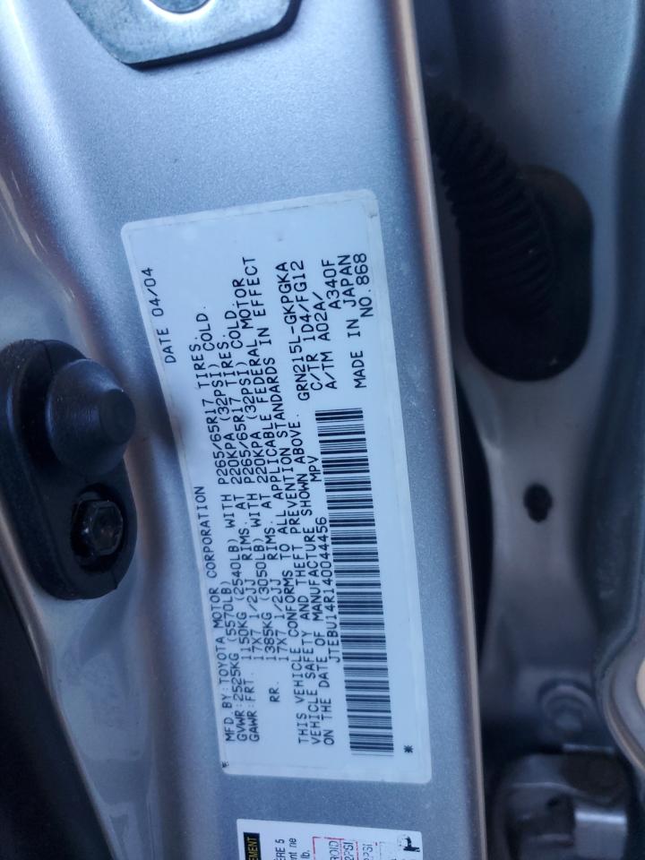 2004 Toyota 4Runner VIN JTEBU14R140044456 Copart auction photo, rear end damage thumbnail 13