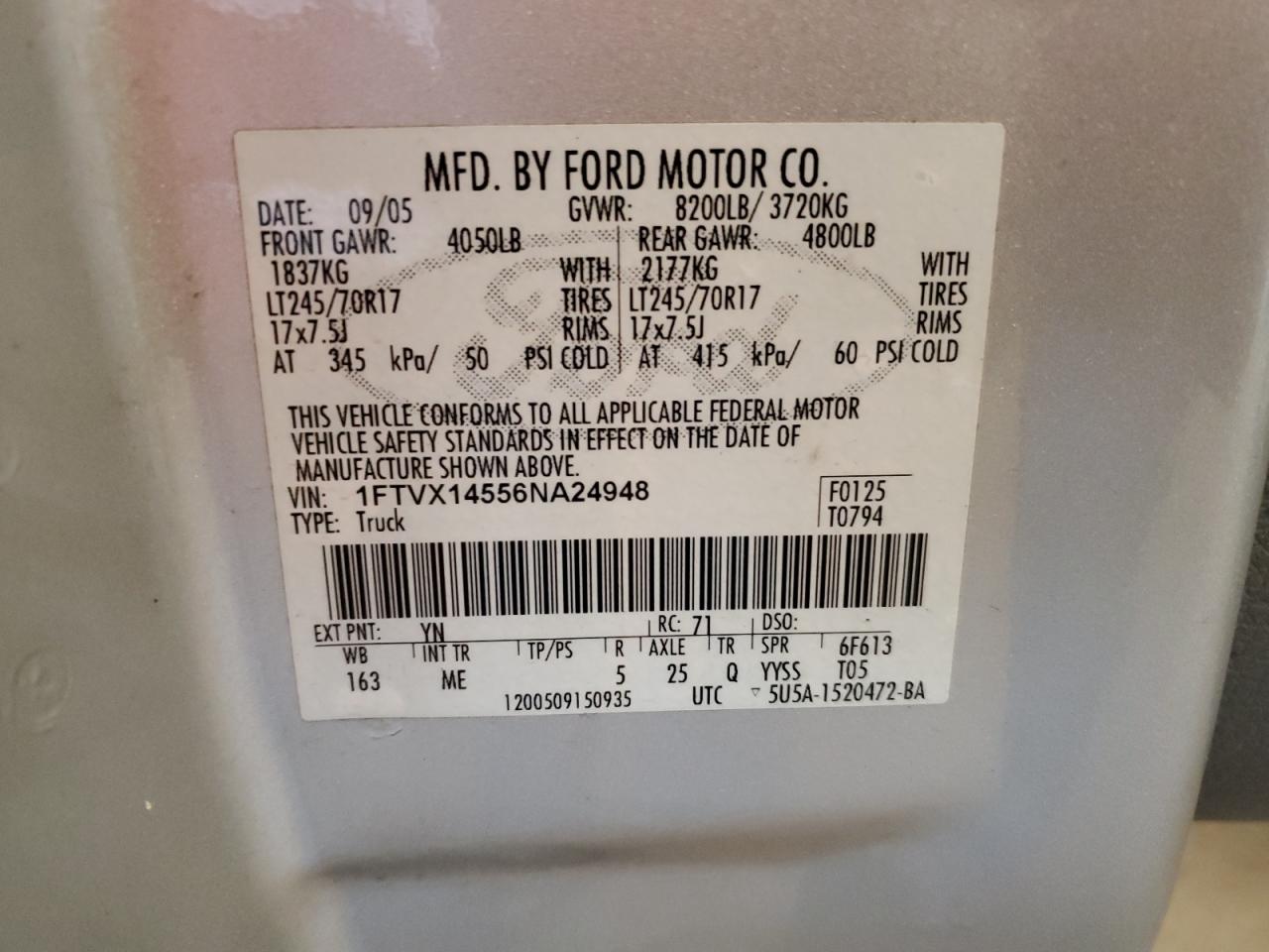 2006 Ford F-150 VIN 1FTVX14556NA24948 Copart auction photo, side / rear end damage thumbnail 13