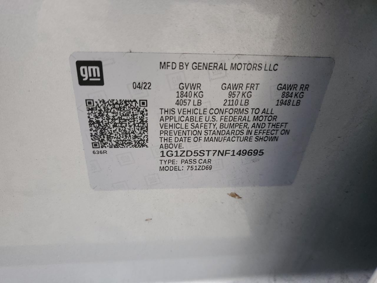 2022 Chevrolet Malibu VIN 1G1ZD5ST7NF149695 Copart auction photo, all over damage thumbnail 15