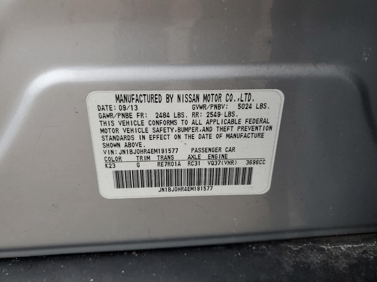 2014 Infiniti QX50 VIN JN1BJ0HR4EM191577 Copart auction photo, burn / side damage thumbnail 14