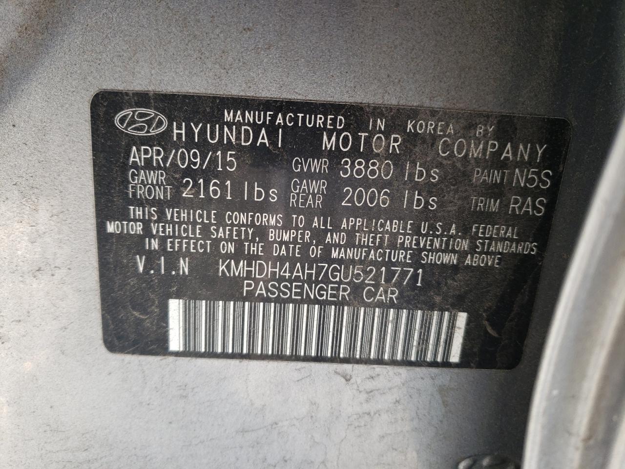 2016 Hyundai Elantra VIN KMHDH4AH7GU521771 Copart auction photo, all over damage thumbnail 14