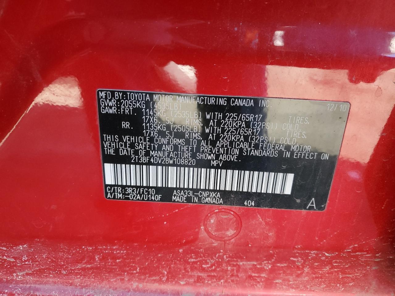 2011 Toyota RAV 4 VIN 2T3BF4DV2BW108820 Copart auction photo, front end / rear end damage thumbnail 13
