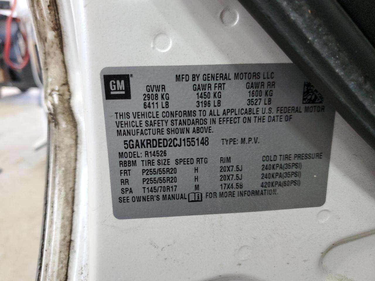 2012 Buick Enclave VIN 5GAKRDED2CJ155148 Copart auction photo, rear end / front end damage thumbnail 13