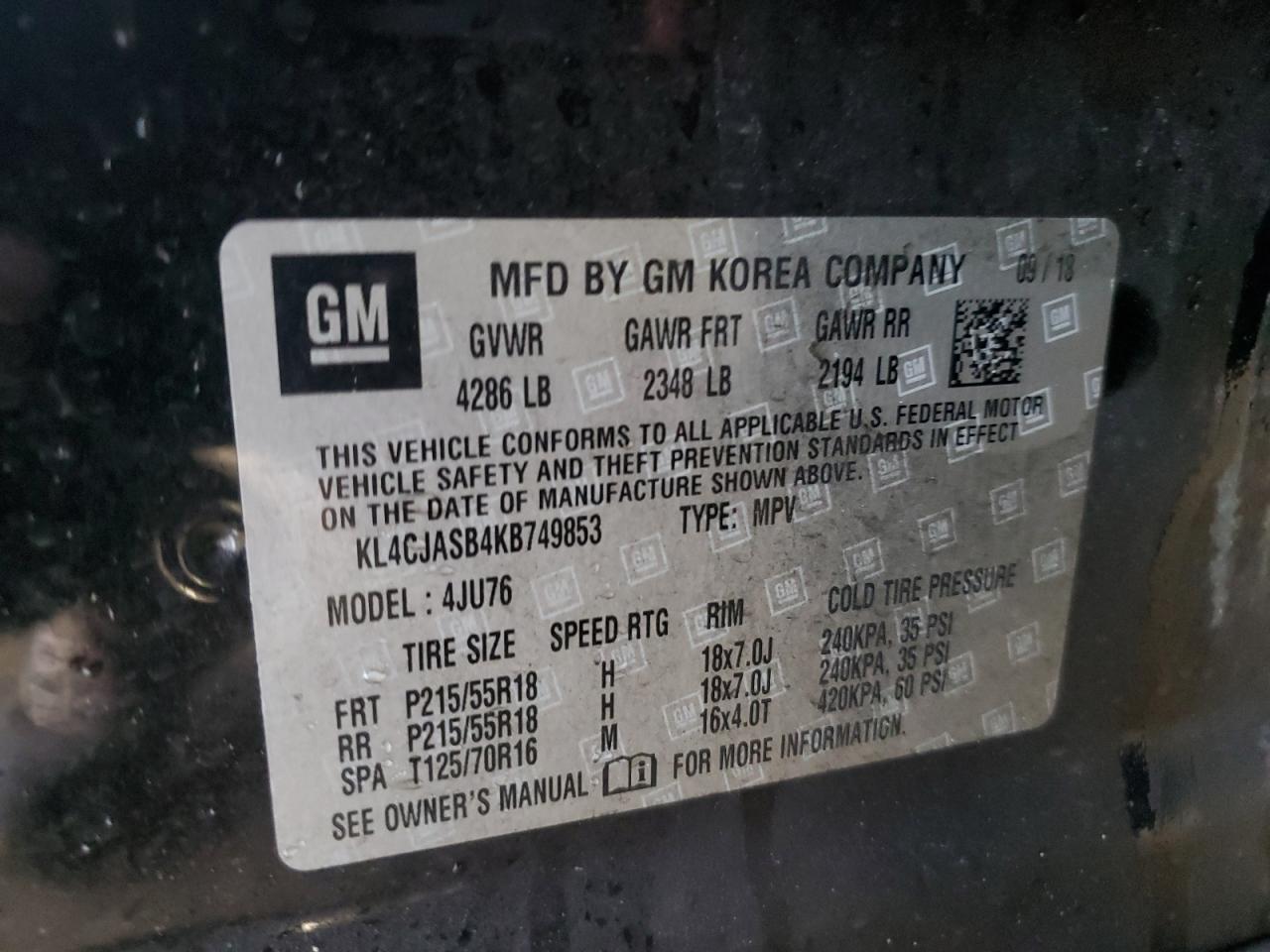2019 Buick Encore VIN KL4CJASB4KB749853 Copart auction photo, front end / side damage thumbnail 15