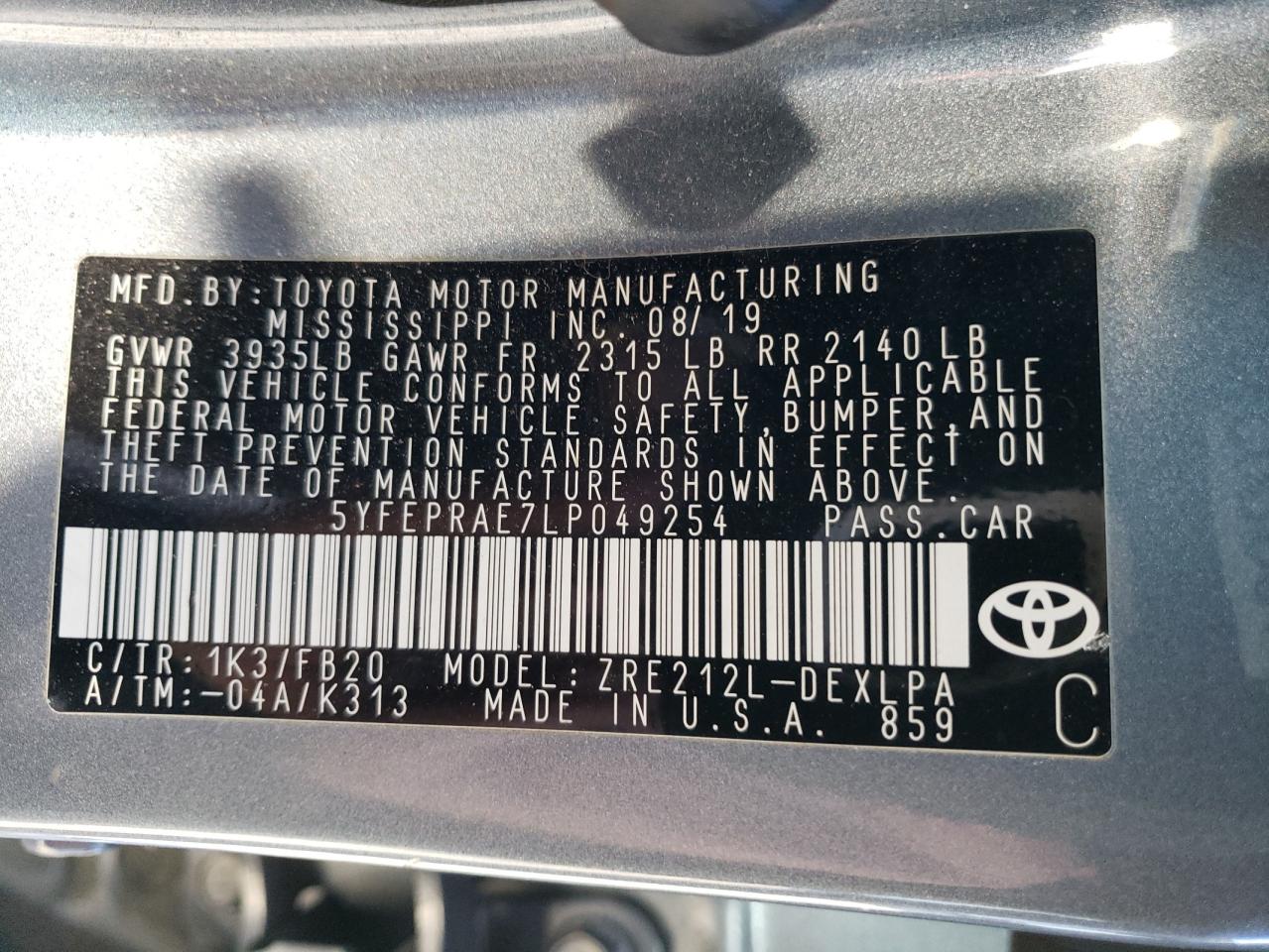 2020 Toyota Corolla VIN 5YFEPRAE7LP049254 Copart auction photo, front end / side damage thumbnail 13