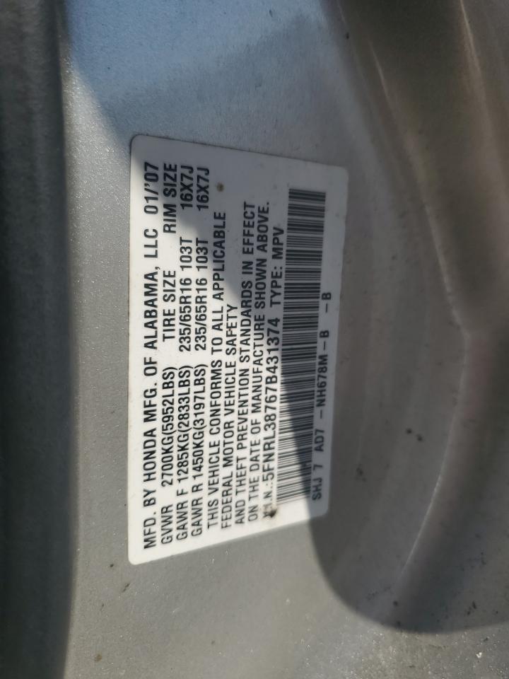 2007 Honda Odyssey VIN 5FNRL38767B431374 Copart auction photo, front end / minor dent/scratches damage thumbnail 13