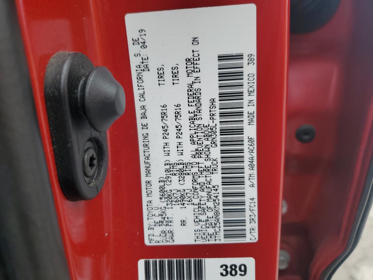 2019 Toyota Tacoma VIN 3TMCZ5AN8KM254145 Copart auction photo, side / front end damage thumbnail 14