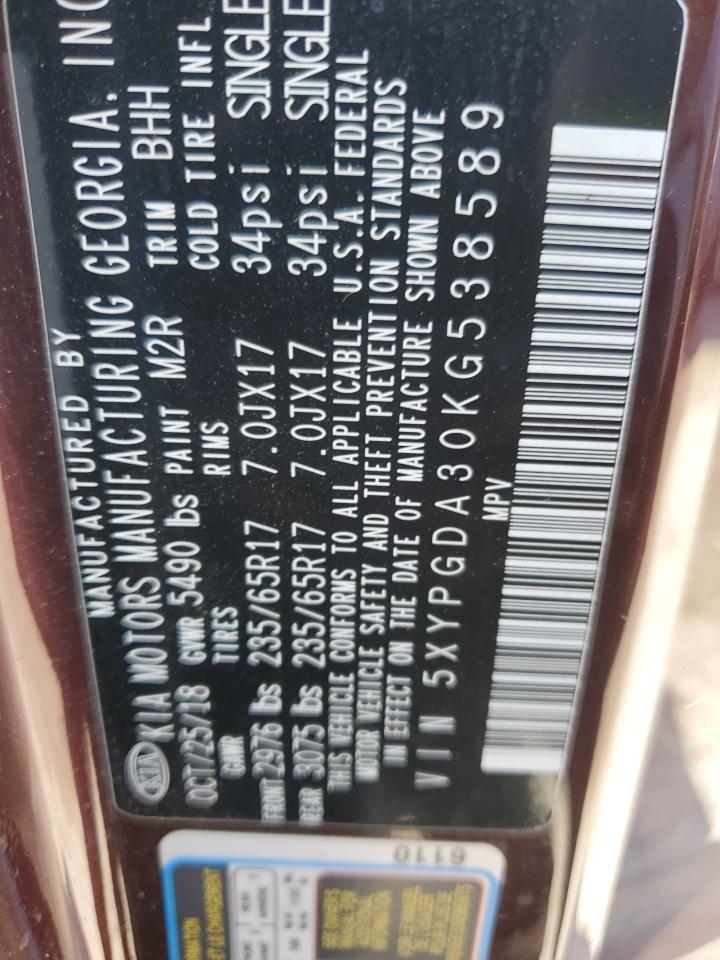 2019 KIA Sorento VIN 5XYPGDA30KG538589 Copart auction photo, unknown damage thumbnail 13