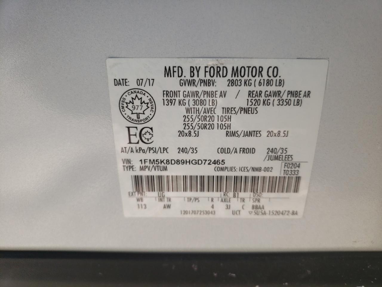2017 Ford Explorer VIN 1FM5K8D89HGD72465 Copart auction photo, front end damage thumbnail 13