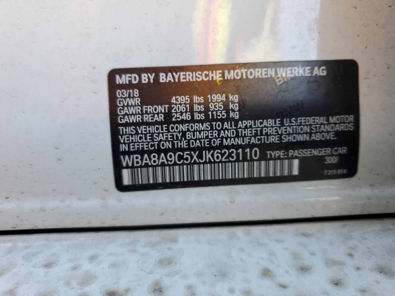 2018 BMW 3er VIN WBA8A9C5XJK623110 Copart auction photo, front end / rear end damage thumbnail 13