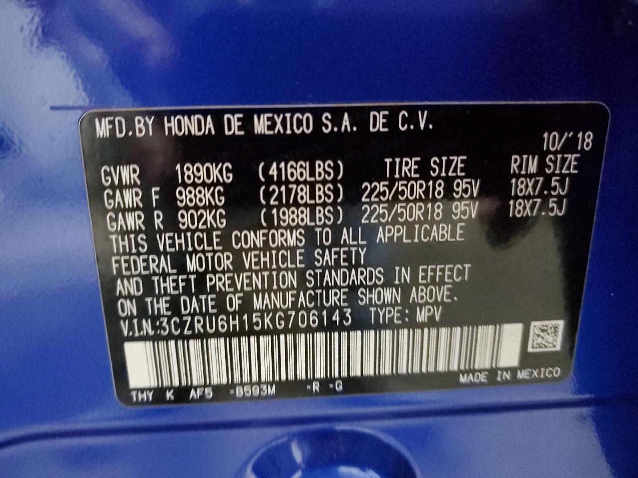 2019 Honda HR-V VIN 3CZRU6H15KG706143 Copart auction photo, front end damage thumbnail 13