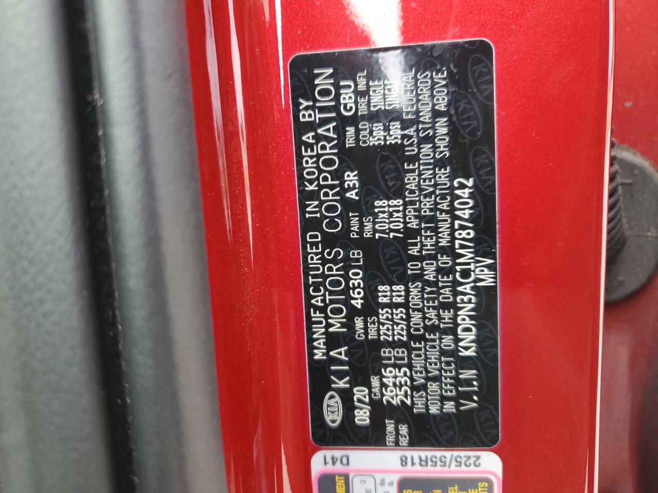 2021 KIA Sportage VIN KNDPN3AC1M7874042 Copart auction photo, rear end / side damage thumbnail 13