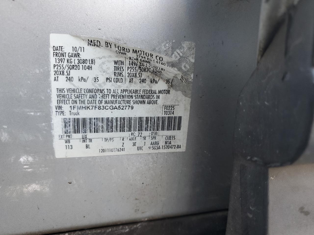 2012 Ford Explorer VIN 1FMHK7F83CGA52779 Copart auction photo, side damage thumbnail 15