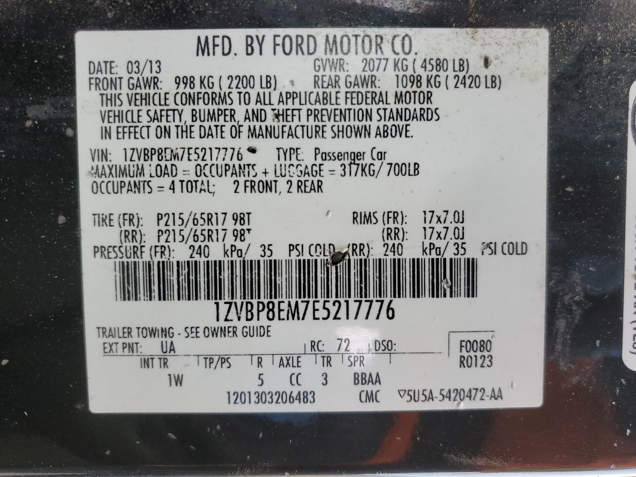 2014 Ford Mustang VIN 1ZVBP8EM7E5217776 Copart auction photo, front end / side damage thumbnail 14