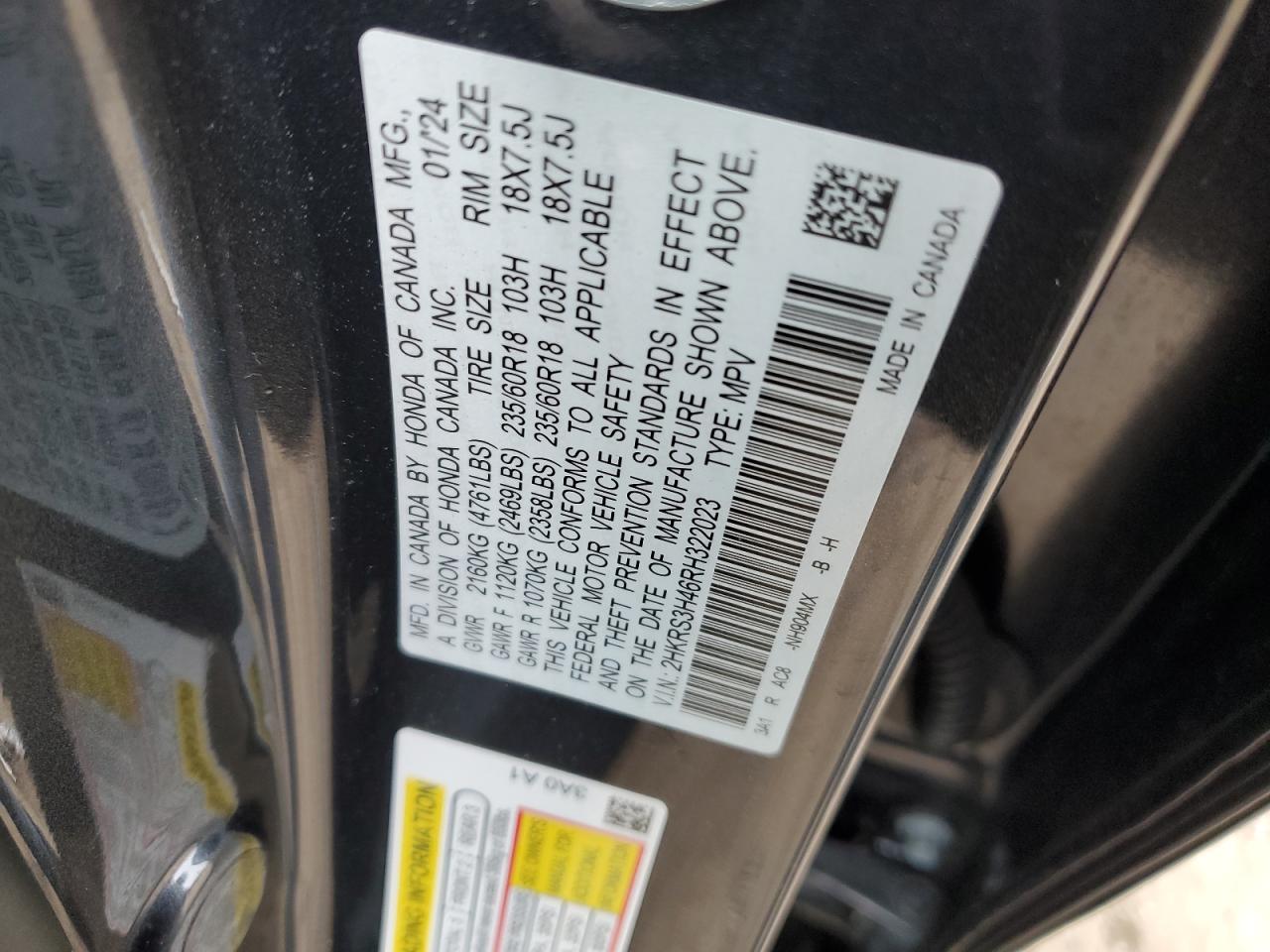 2024 Honda CR-V VIN 2HKRS3H46RH322023 Copart auction photo, front end / stripped damage thumbnail 13