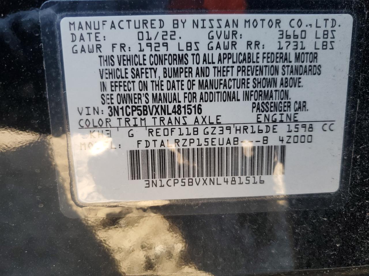 2022 Nissan Kicks VIN 3N1CP5BVXNL481516 Copart auction photo, front end damage thumbnail 15