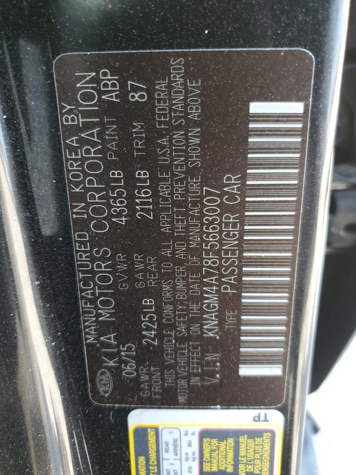 2015 KIA Optima VIN KNAGM4A78F5663007 Copart auction photo, stripped damage thumbnail 13