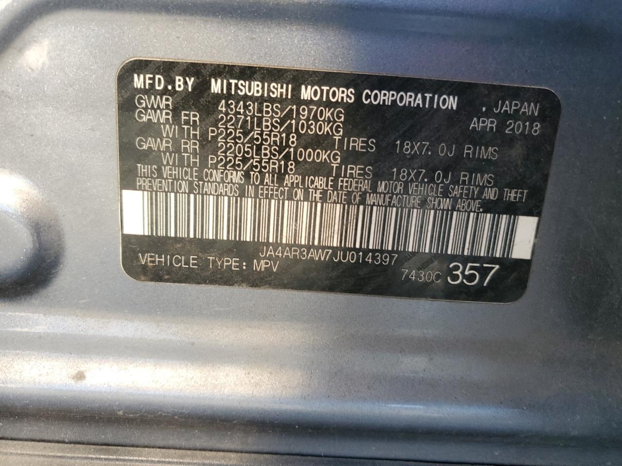 2018 Mitsubishi Outlander VIN JA4AR3AW7JU014397 Copart auction photo, all over damage thumbnail 15