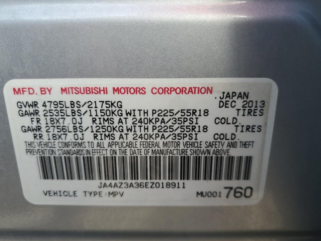 2014 Mitsubishi Outlander VIN JA4AZ3A36EZ018911 Copart auction photo, rear end damage thumbnail 13