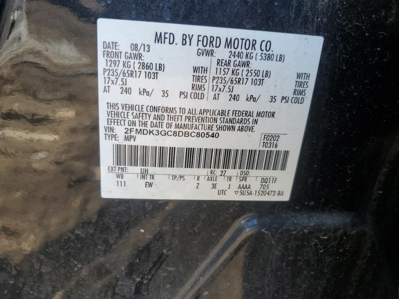 2013 Ford Edge VIN 2FMDK3GC8DBC80540 Copart auction photo, front end damage thumbnail 14