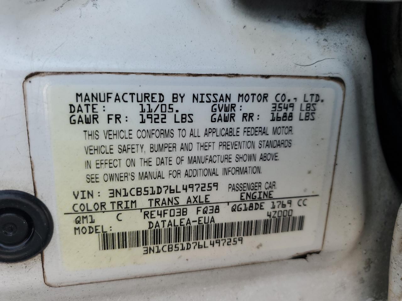 2006 Nissan Sentra VIN 3N1CB51D76L497259 Copart auction photo, rear end damage thumbnail 13