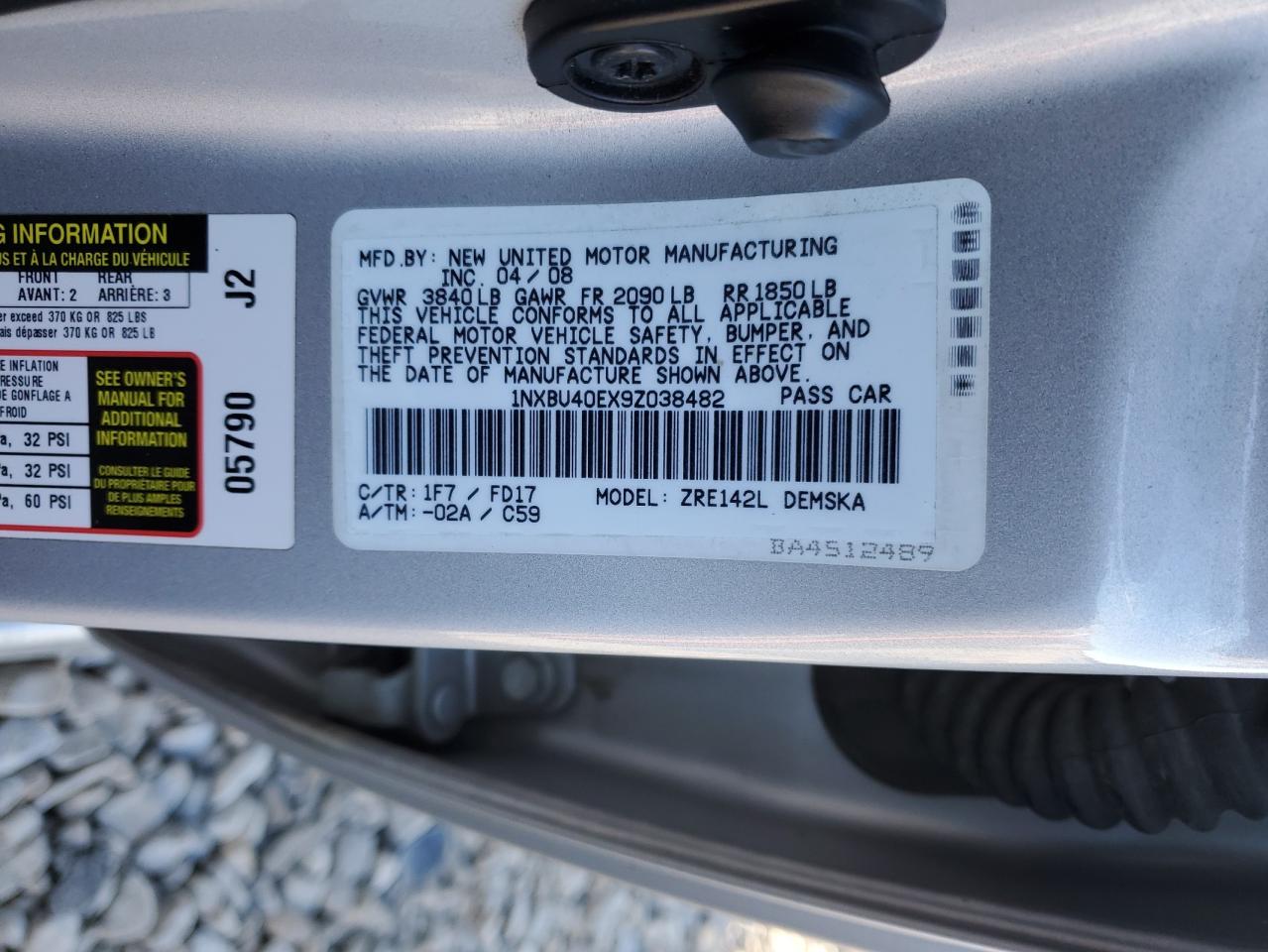 2009 Toyota Corolla VIN 1NXBU40EX9Z038482 Copart auction photo, normal wear damage thumbnail 12