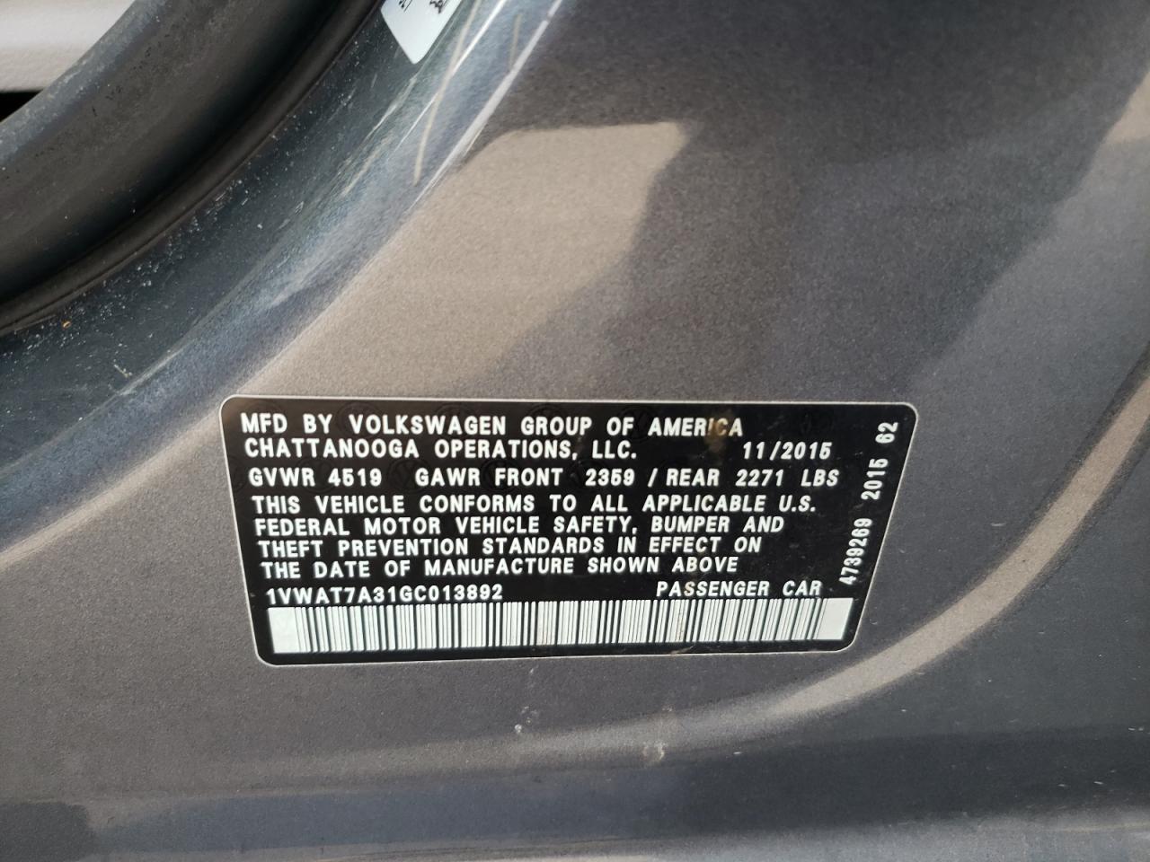 2016 Volkswagen Passat VIN 1VWAT7A31GC013892 Copart auction photo, front end damage thumbnail 12