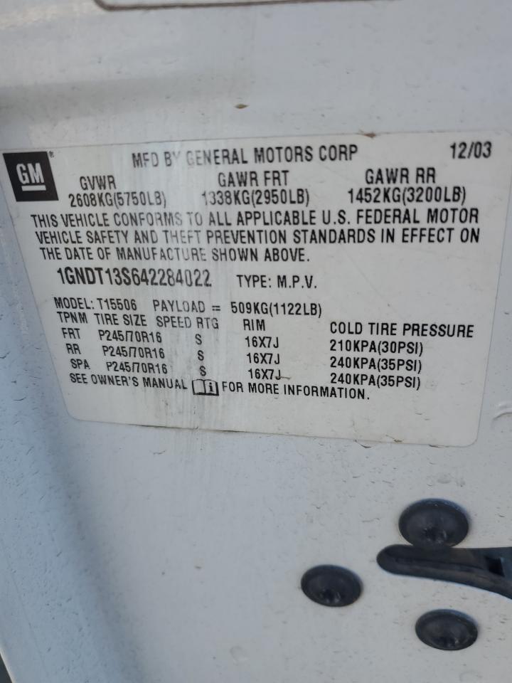 2004 Chevrolet TrailBlazer VIN 1GNDT13S642284022 Copart auction photo, front end damage thumbnail 13