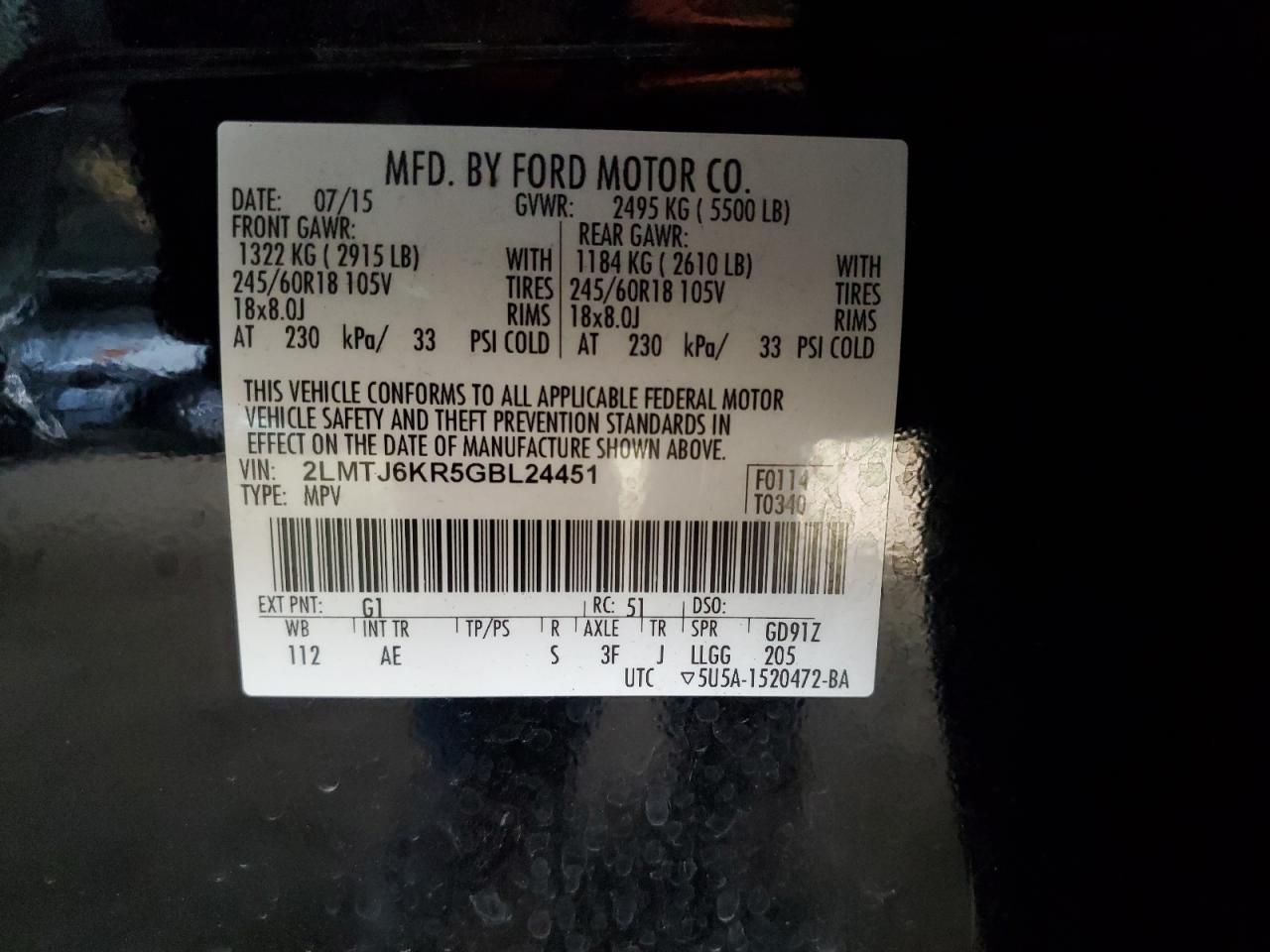 2016 Lincoln MKX VIN 2LMTJ6KR5GBL24451 Copart auction photo, front end damage thumbnail 13