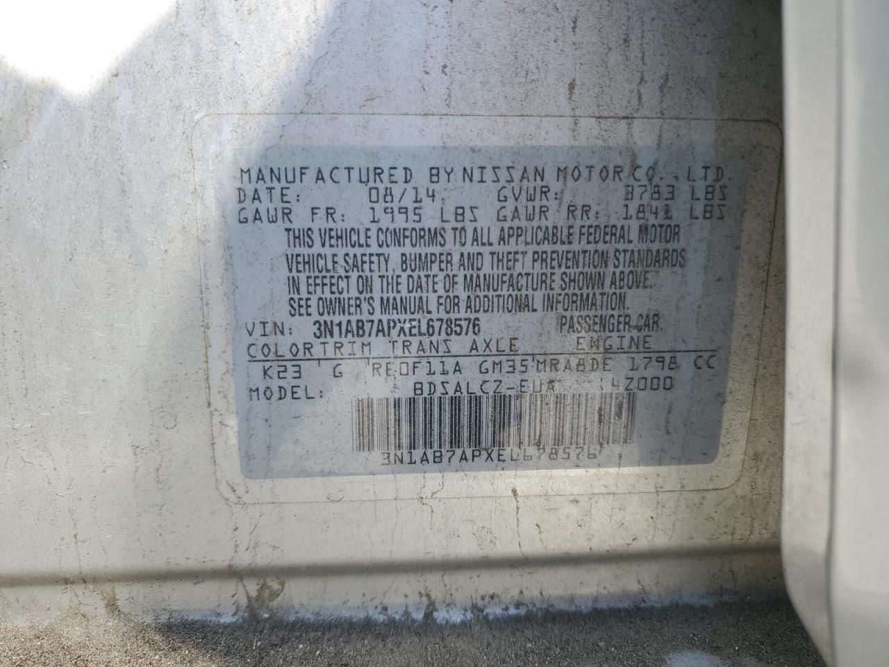 2014 Nissan Sentra VIN 3N1AB7APXEL678576 Copart auction photo, mechanical / all over damage thumbnail 12