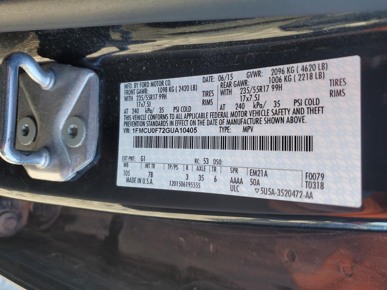 2016 Ford Escape VIN 1FMCU0F72GUA10405 Copart auction photo, front end damage thumbnail 12