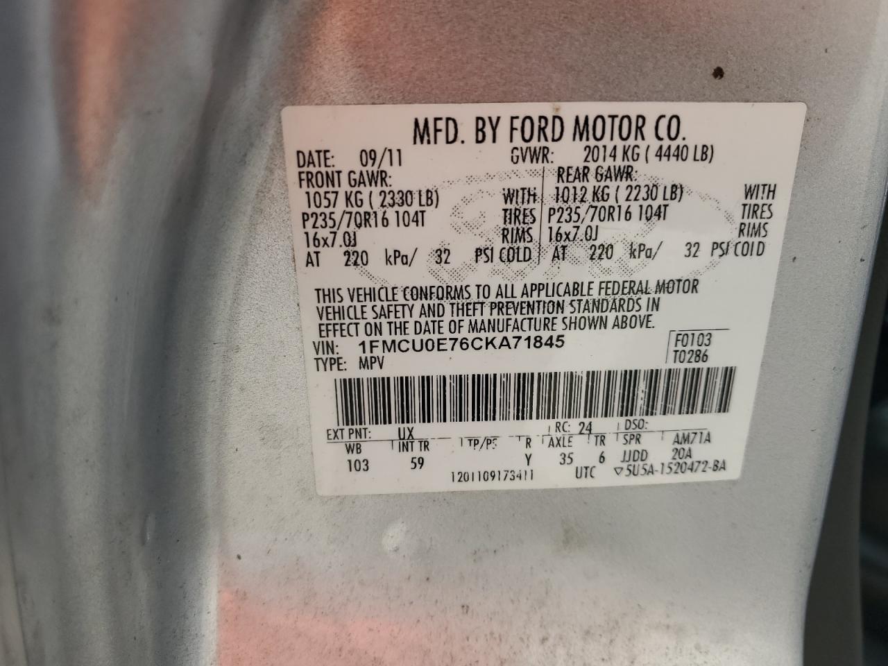 2012 Ford Escape VIN 1FMCU0E76CKA71845 Copart auction photo, rear end / side damage thumbnail 13