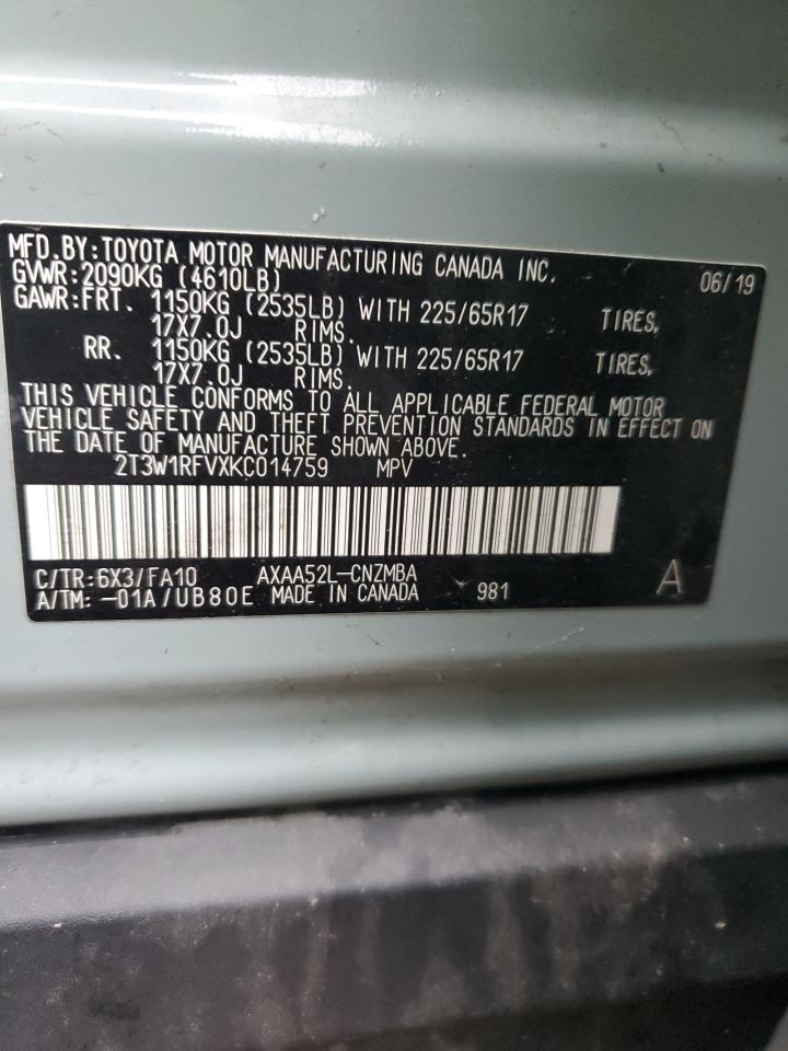 2019 Toyota RAV 4 VIN 2T3W1RFVXKC014759 Copart auction photo, front end / rear end damage thumbnail 12
