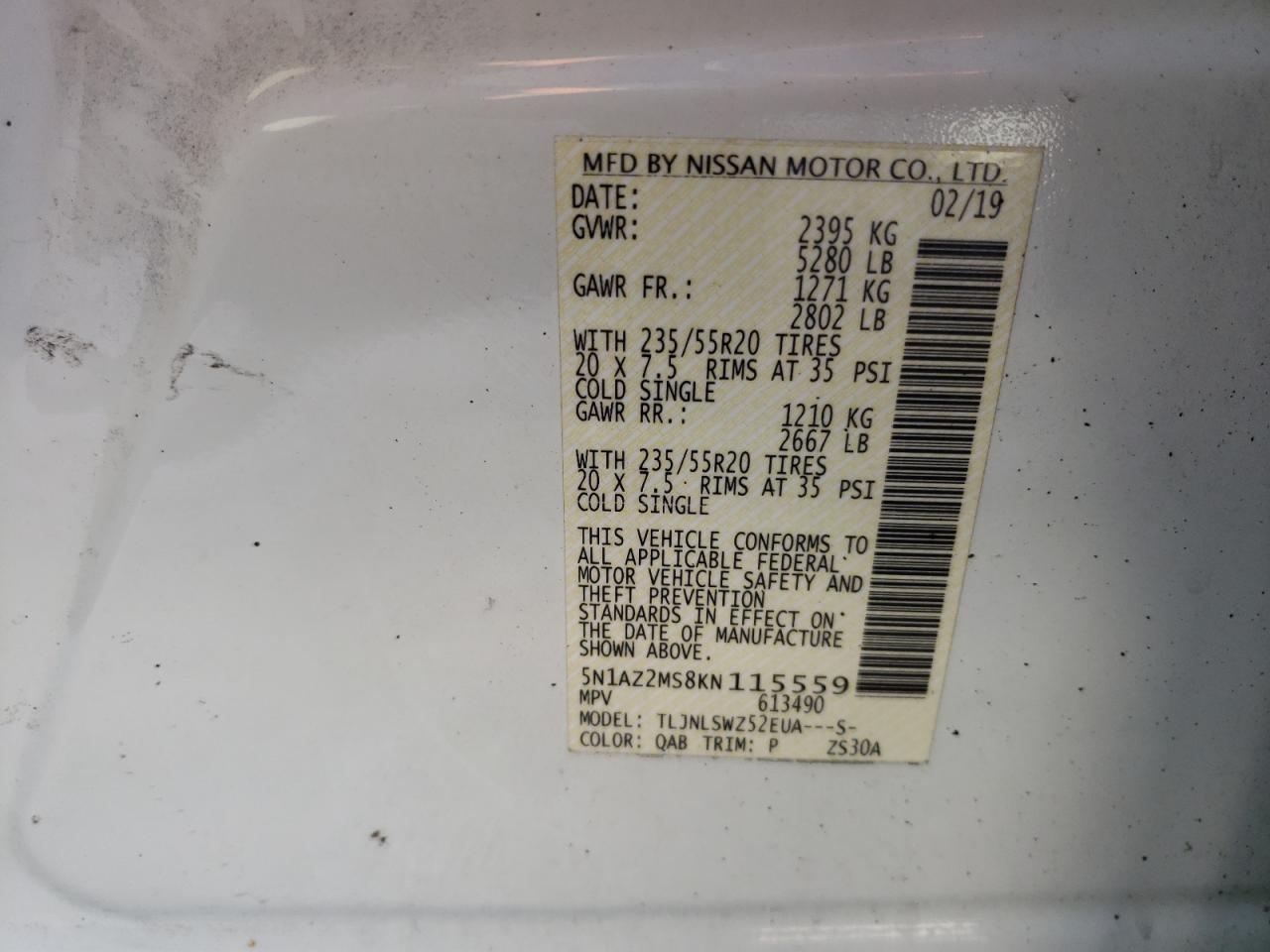2019 Nissan Murano VIN 5N1AZ2MS8KN115559 Copart auction photo, front end / side damage thumbnail 13