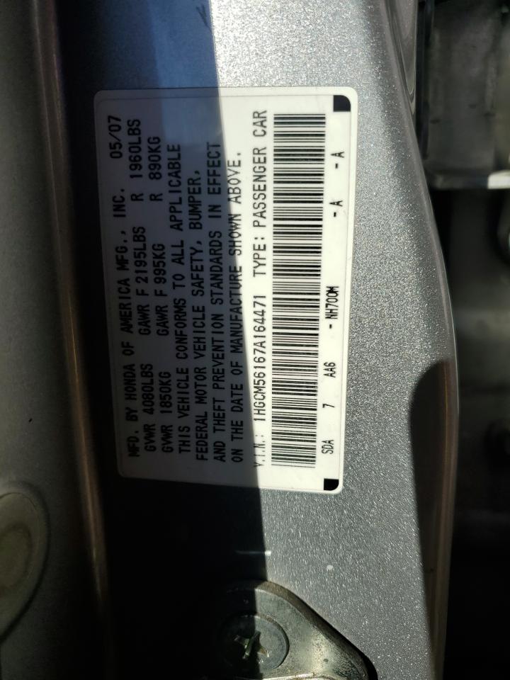 2007 Honda Accord VIN 1HGCM56167A164471 Copart auction photo, rear end damage thumbnail 14