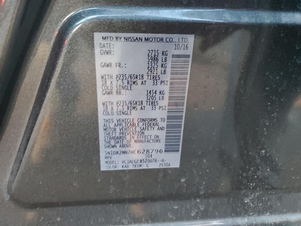 2017 Nissan Pathfinder VIN 5N1DR2MN7HC628796 Copart auction photo, side damage thumbnail 15