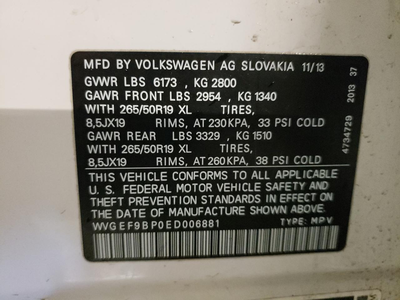 2014 Volkswagen Touareg VIN WVGEF9BP0ED006881 Copart auction photo, front end damage thumbnail 13