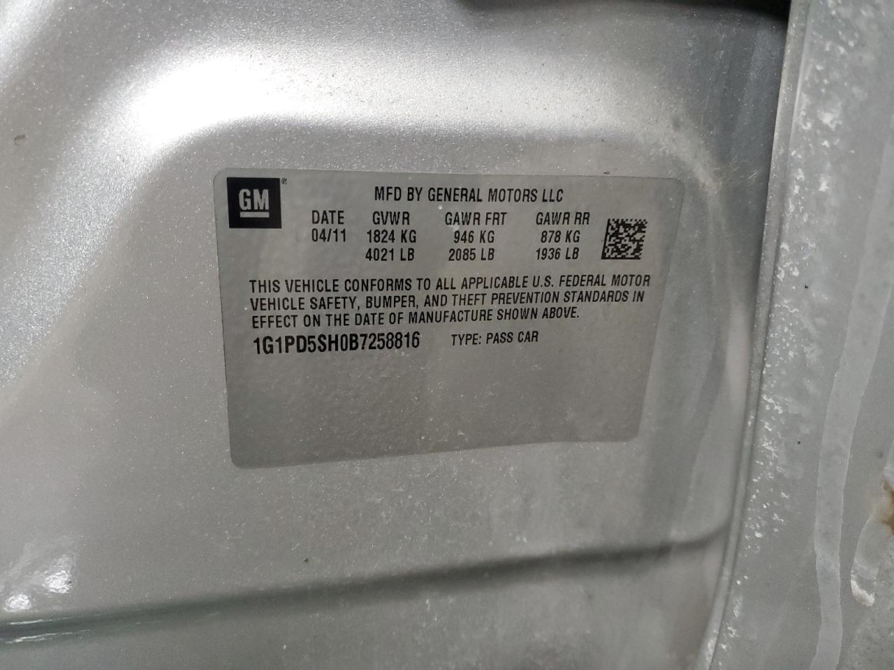 2011 Chevrolet Cruze VIN 1G1PD5SH0B7258816 Copart auction photo, front end damage thumbnail 12