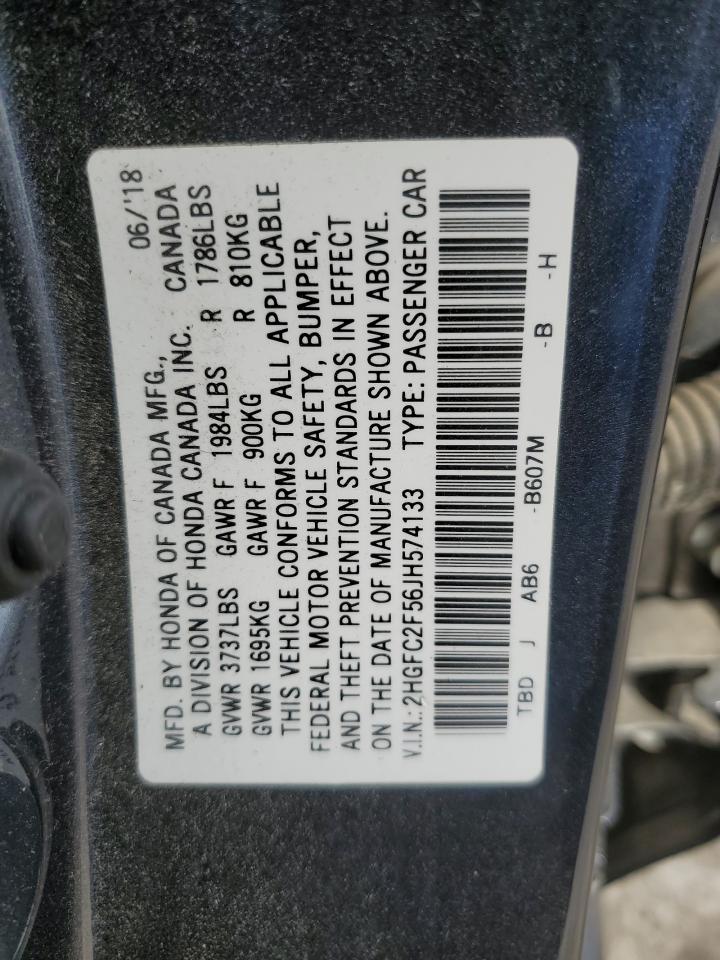 2018 Honda Civic VIN 2HGFC2F56JH574133 Copart auction photo, front end damage thumbnail 12