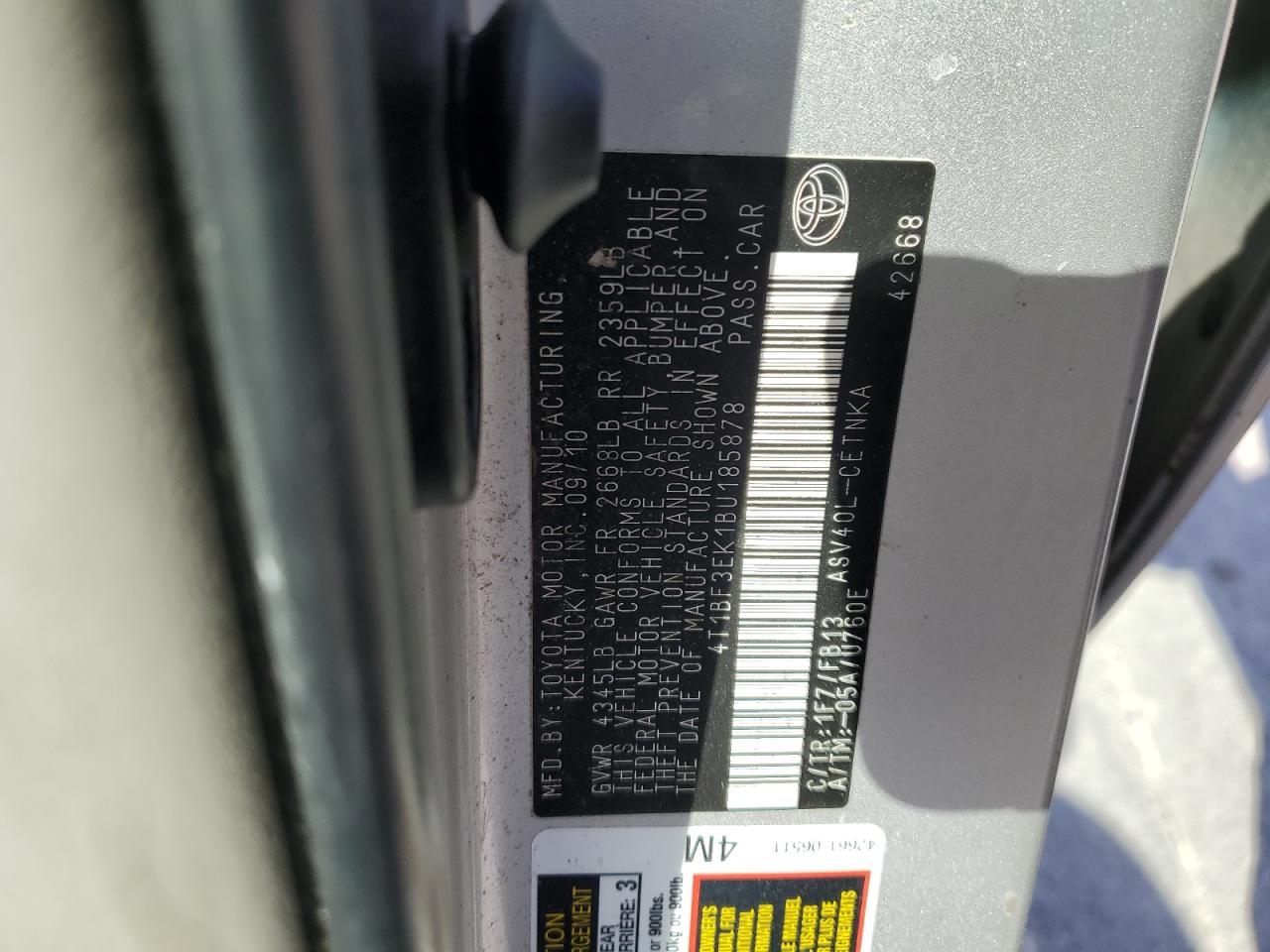 2011 Toyota Camry VIN 4T1BF3EK1BU185878 Copart auction photo, undercarriage / all over damage thumbnail 14