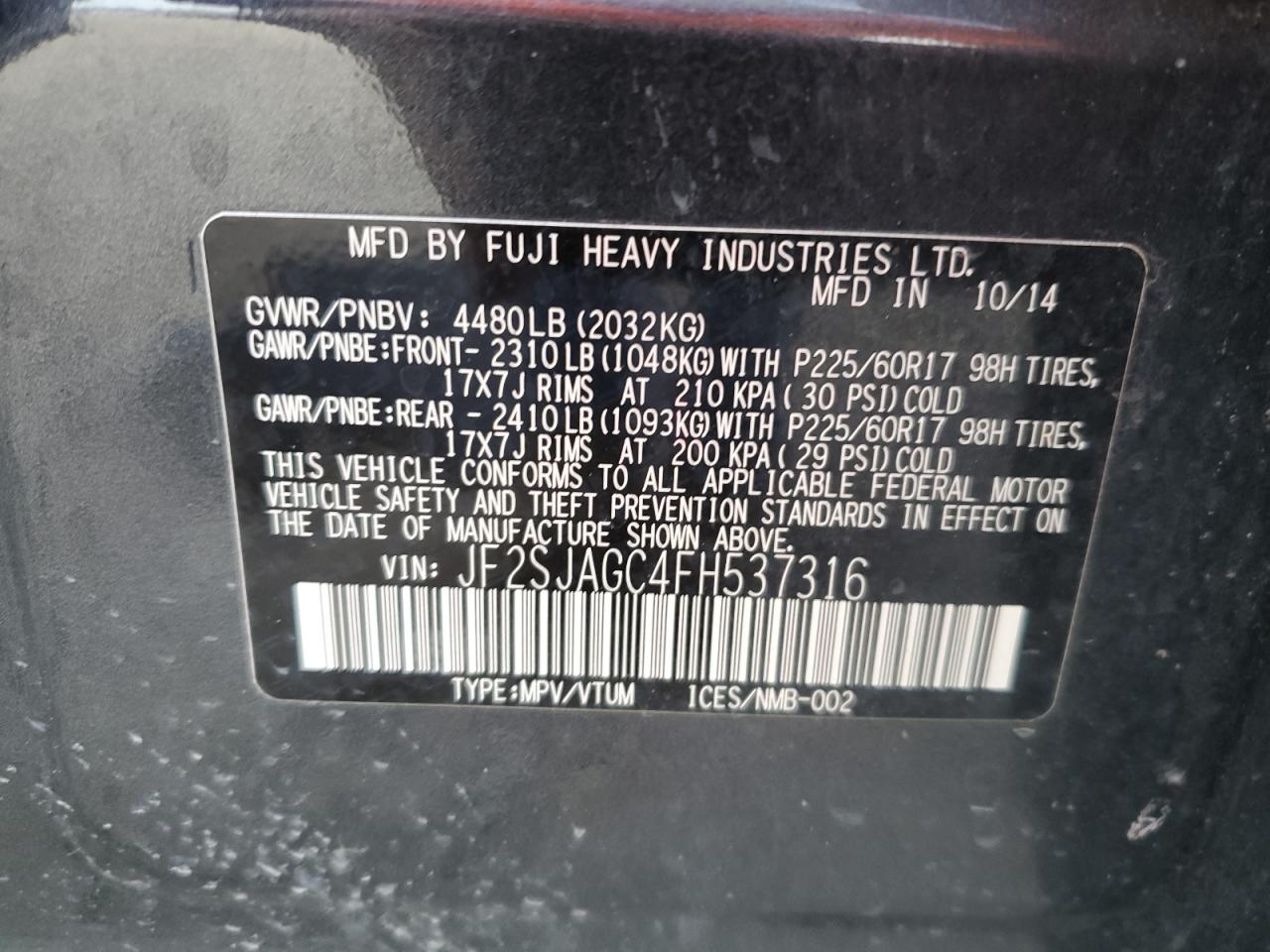 2015 Subaru Forester VIN JF2SJAGC4FH537316 Copart auction photo, side / front end damage thumbnail 15