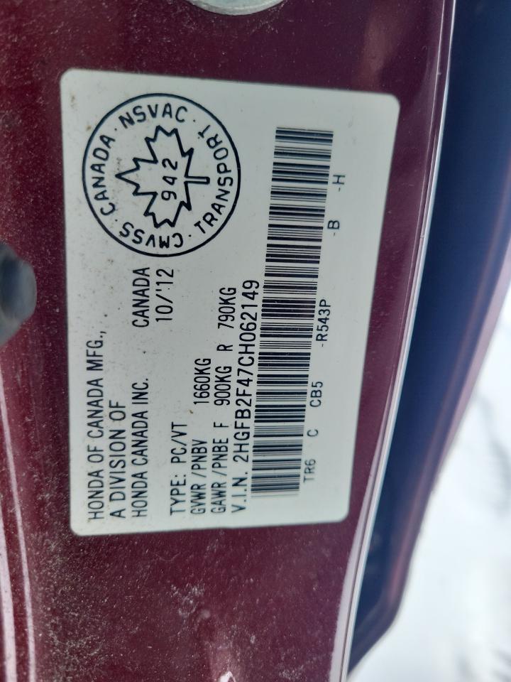 2012 Honda Civic VIN 2HGFB2F47CH062149 Copart auction photo, front end / all over damage thumbnail 12
