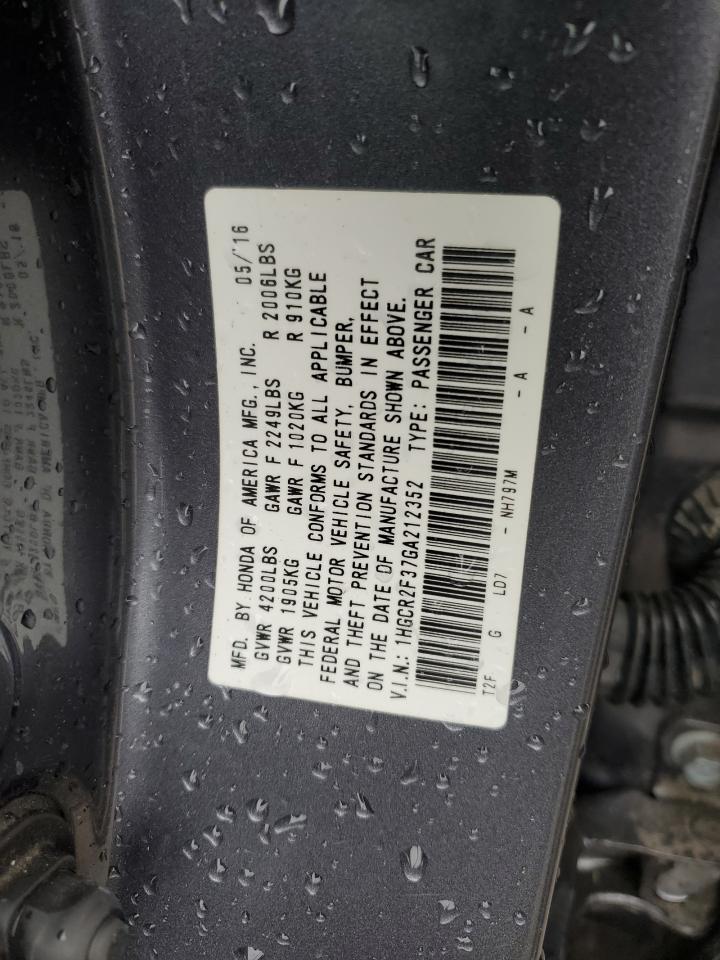 2016 Honda Accord VIN 1HGCR2F37GA212352 Copart auction photo, front end / side damage thumbnail 14