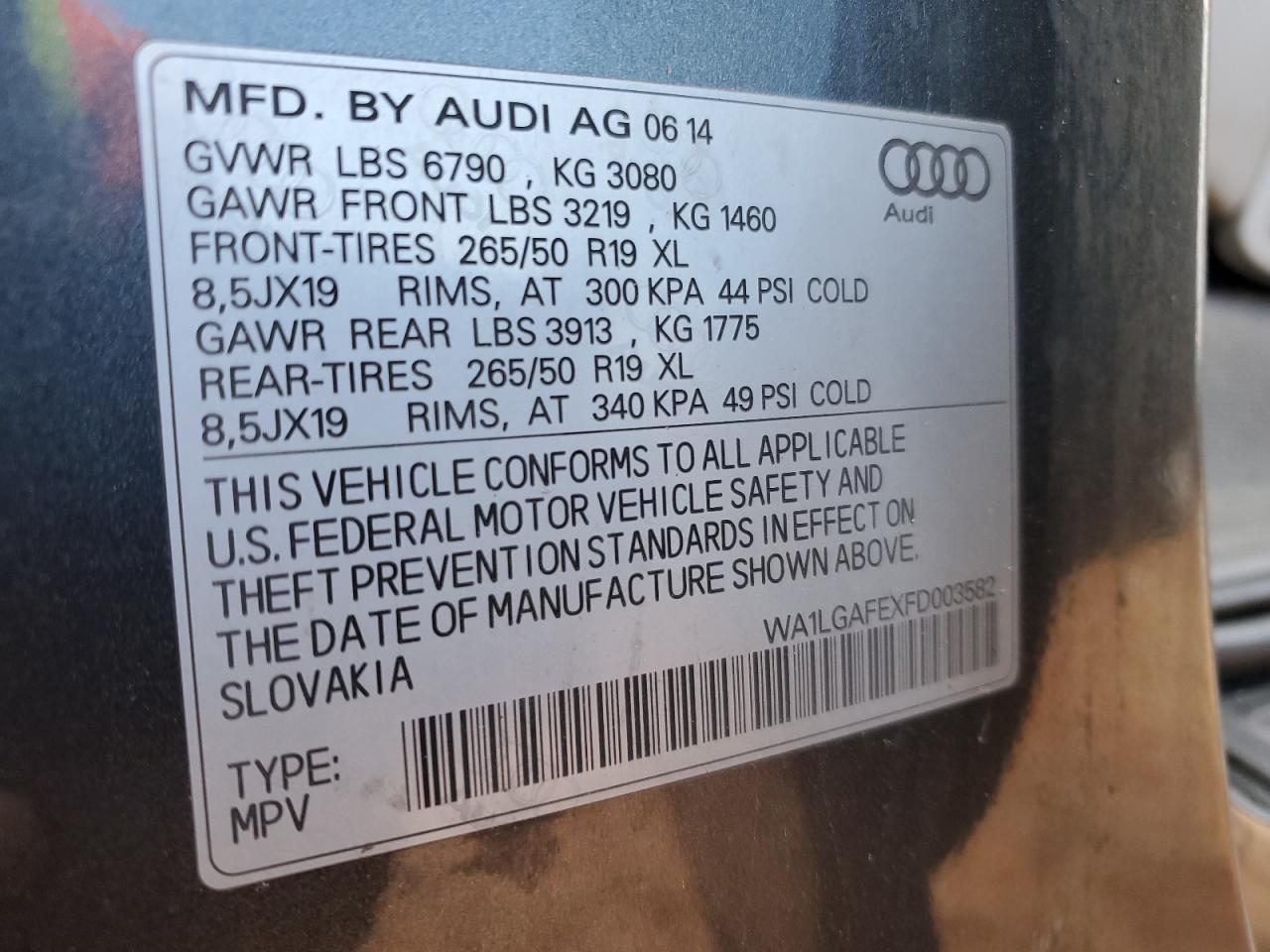 2015 Audi Q7 VIN WA1LGAFEXFD003582 Copart auction photo, front end / rear end damage thumbnail 12