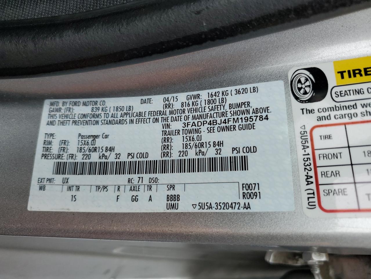 2015 Ford Fiesta VIN 3FADP4BJ4FM195784 Copart auction photo, rear end damage thumbnail 12